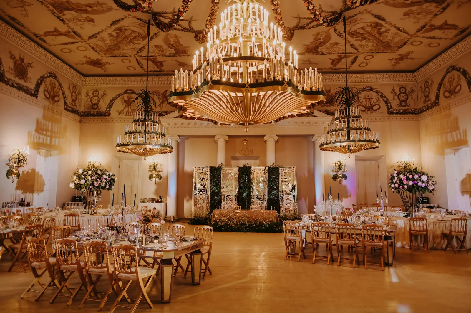Luxury wedding banquet hall with chandeliers